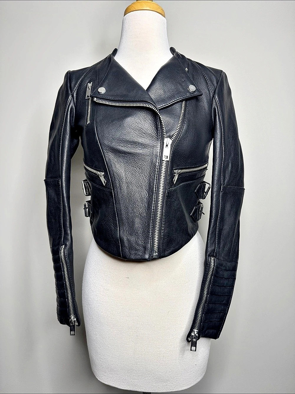 H&M Leather Crop Moto Jacket in Black Size 2